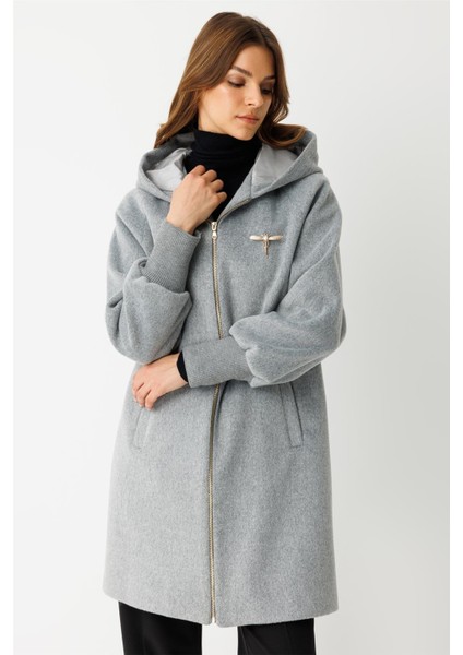 Fermuar Kapamalı Kapişonlu Kaban Gri modelleri