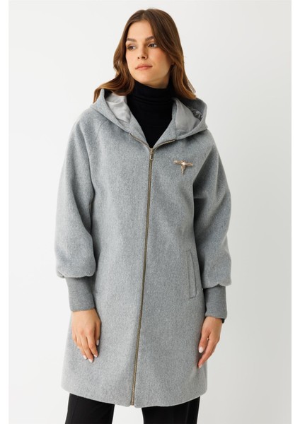 Fermuar Kapamalı Kapişonlu Kaban Gri fırsatları