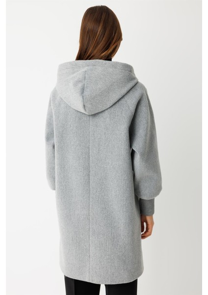 Fermuar Kapamalı Kapişonlu Kaban Gri