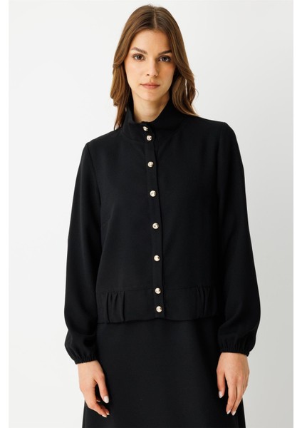 Büzgü Detaylı Elbiseli Takım Siyah