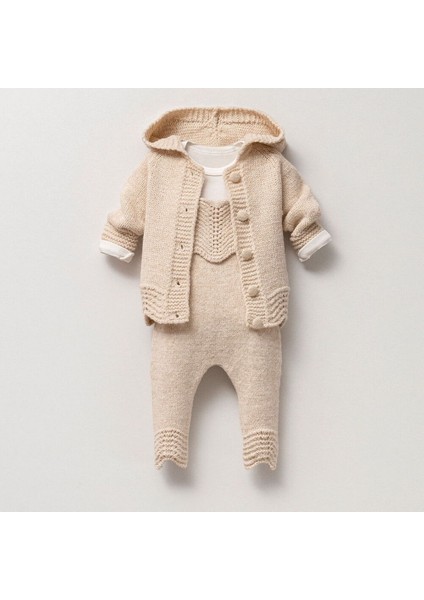 8167N Bebek Ajurlu Naturel Yün 3'lü Salopet Takım