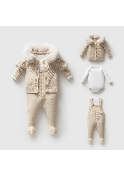8332N Unisex Bebek Triko Düğmeli Hırkalı 3'lü Naturel Yün Salopet Takım