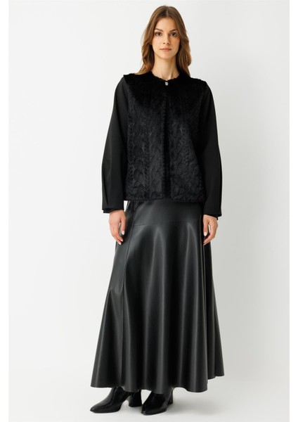 Kürk Ceketli Deri Etekli Takım Siyah fırsatları