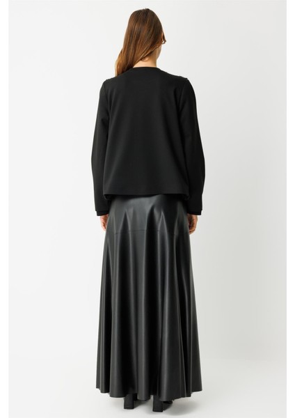 Kürk Ceketli Deri Etekli Takım Siyah