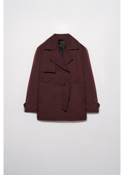 Kadın Bordo Kemerli Kısa Trençkot