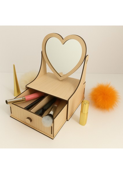 Ahşap Kalpli Aynalı Makyaj Organizer
