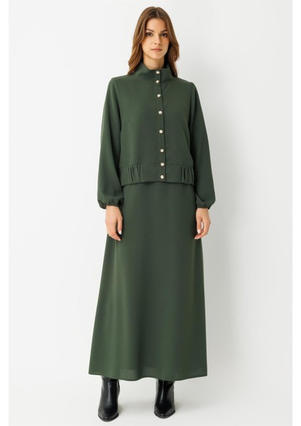 Büzgü Detaylı Elbiseli Takım Haki