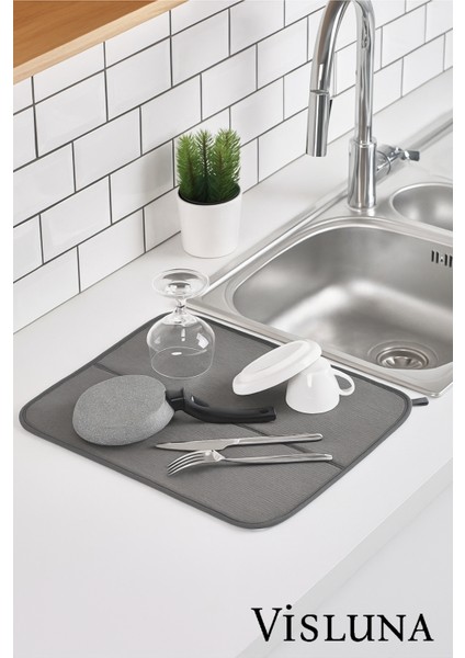 Bulaşık Kurulama Matı Süper Emici Kurulama Bezi Kurutma Örtüsü Tezgah Üstü Bezi Gri Renk 35*45'cm