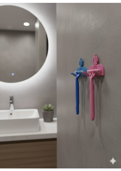 2'li Set Yapışkanlı Sistem, Mavi ve Pembe Banyo Düzenleyici, Kadın-Erkek Jilet Tutucu, Lif Tutucu