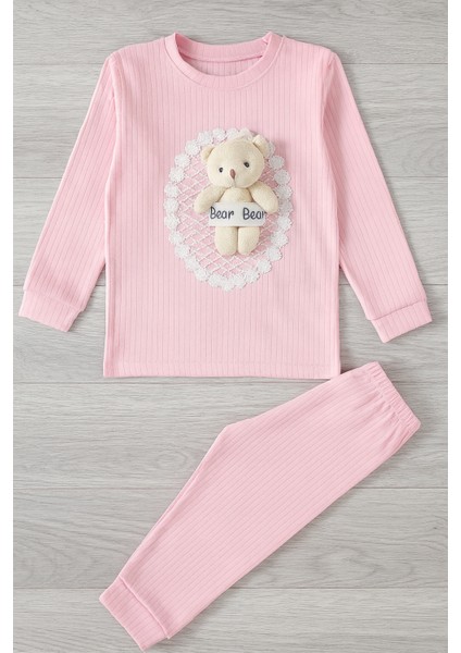 Kız Çocuk Pembe Ribana Kumaş Peluş Ayıcık Detaylı Günlük Takım – Bear Bear 2’li Set (Uzun Kollu Üst + Alt)
