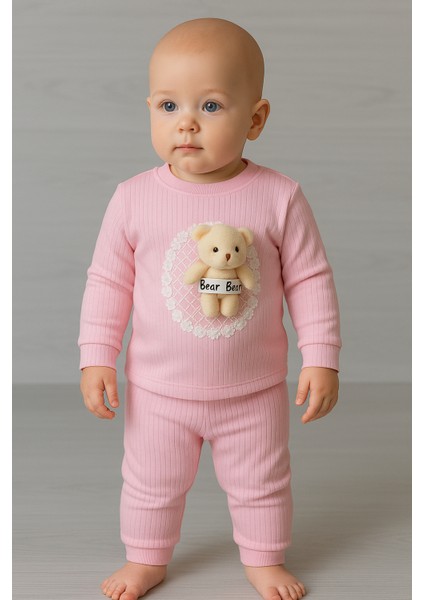 Kız Çocuk Pembe Ribana Kumaş Peluş Ayıcık Detaylı Günlük Takım – Bear Bear 2’li Set (Uzun Kollu Üst + Alt) fiyatları