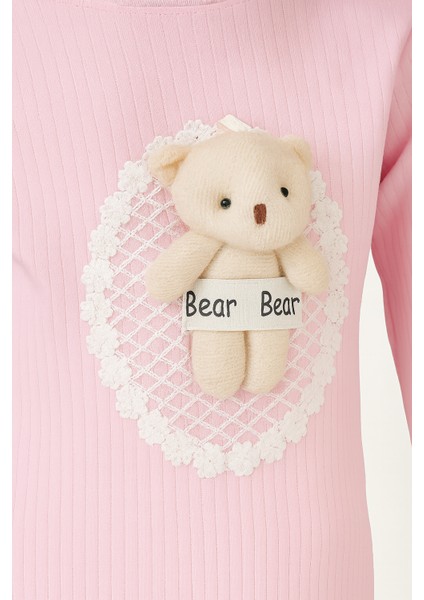 Kız Çocuk Pembe Ribana Kumaş Peluş Ayıcık Detaylı Günlük Takım – Bear Bear 2’li Set (Uzun Kollu Üst + Alt) modelleri