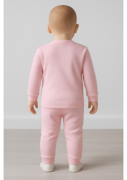 Kız Çocuk Pembe Ribana Kumaş Peluş Ayıcık Detaylı Günlük Takım – Bear Bear 2’li Set (Uzun Kollu Üst + Alt) fırsatları
