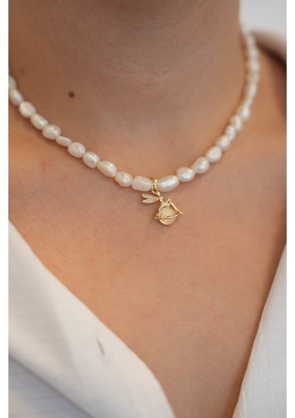 Sakız Gerçek Tatlı Su Incili Melek Detaylı Kolye modelleri