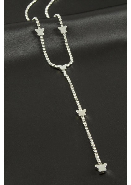 Kelebek Şerit Taşlı Çelik Y Kolye