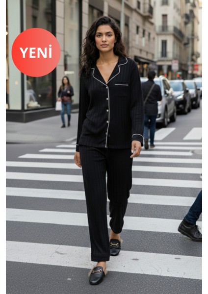 Kadın Uzun Kollu Kışlık Saten Pijama Takımı – Gömlek Yaka, Biyeli, Cepli, Beyaz / Siyah