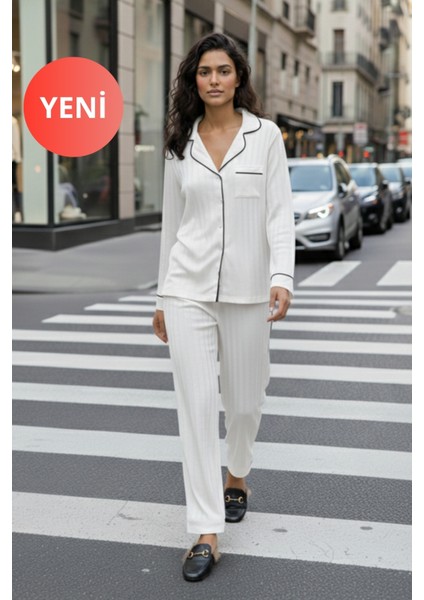 Kadın Uzun Kollu Kışlık Saten Pijama Takımı – Gömlek Yaka, Biyeli, Cepli, Beyaz / Siyah