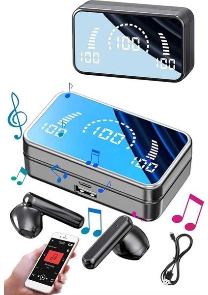 Yeni Nesil Kablosuz Kulaklık Aynalı Powerbank Özellikli Bluetooth Bağlantılı Dijital Gösterge