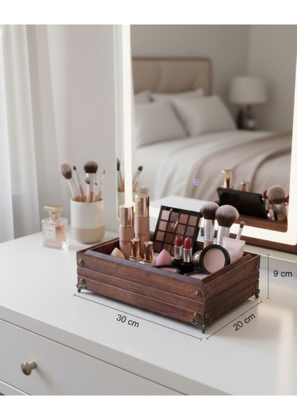 , Makyaj Organizeri. Iroko Ahşap Makyaj Kutusu. 30X20 Cm. Yükseklik 9 Cm.
