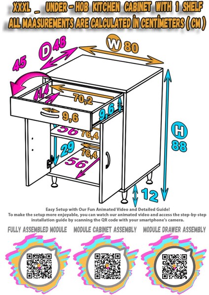 Milas (Xxxl) Mutfak Dolabı Set Ocak Altı Dolap Mutfak Dolabı 2 Bölme Beyaz Dolap 80X88X48 cm