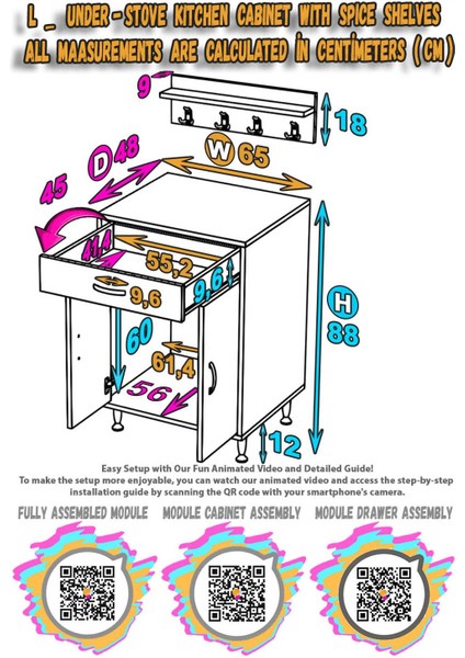 Asel (M) Mutfak Dolabı Set Ocak Altı Dolap Tüp Bölmeli Baharat Raflı Beyaz Dolap 65X88X48 cm fiyatları