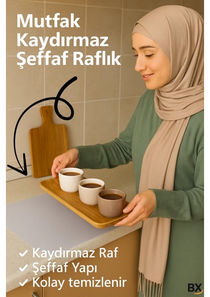 Mutfak Dolabı Çekmece Kaydırmaz Raf Örtüsü Şeffaf, Suya Dayanıklı, Kesilebilir Pvc 45X300 C