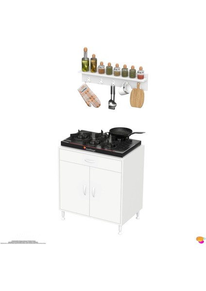 Asel (Xl) Set Ocak Altı Dolap Kapaklı Mutfak Dolabı Tüp Bölme ve Baharat Raflı Beyaz 70X88X56 cm