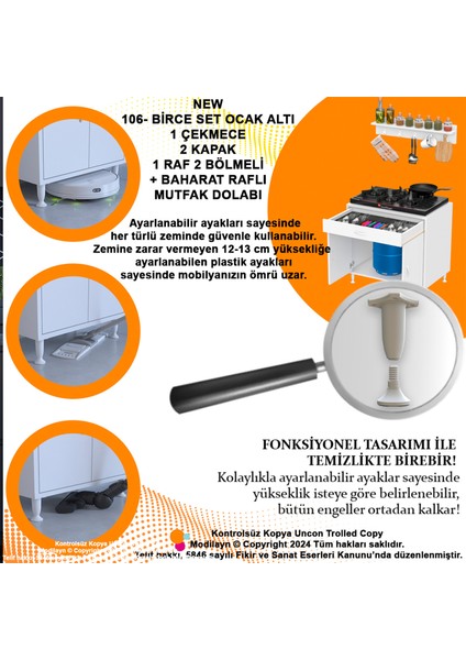 Asel (Xl) Set Ocak Altı Dolap Kapaklı Mutfak Dolabı Tüp Bölme ve Baharat Raflı Beyaz 70X88X56 cm