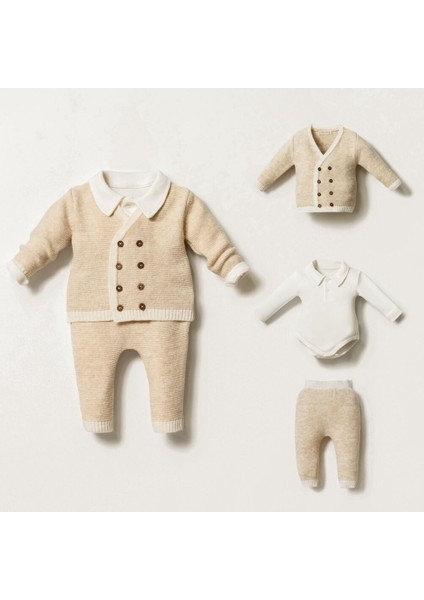 8374N Erkek Bebek Triko Ceket Takım Düğmeli Hırkalı 3'lü Naturel Yün Takım