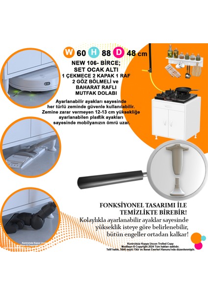 Milas (M) Set Ocak Altı Dolap Kapaklı Mutfak Dolabı Baharat Düzenleyici Raflı Dolap 60X88X56 cm