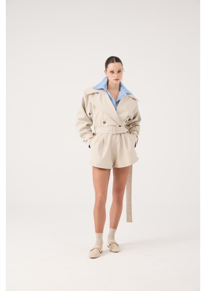 Trençkot Görünümlü Kemerli Regan Tulum Bej modelleri