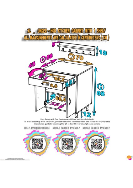 Homer (Xl) Set Ocak Altı Dolap Kapaklı Mutfak Dolabı Raflı ve Baharat Raflı Beyaz Dolap 70X88X56 cm