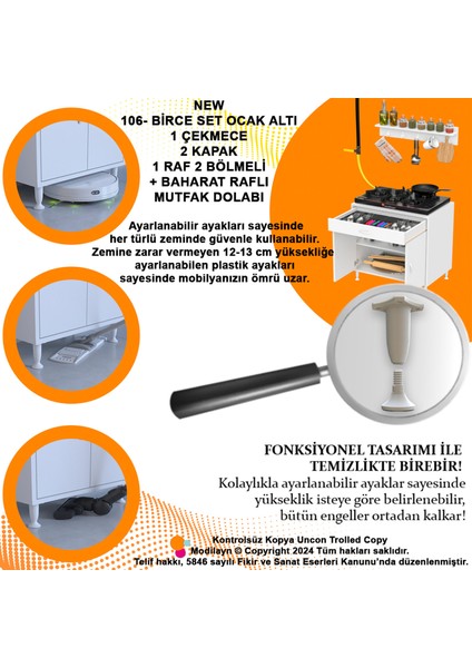 Homer (Xl) Set Ocak Altı Dolap Kapaklı Mutfak Dolabı Raflı ve Baharat Raflı Beyaz Dolap 70X88X56 cm