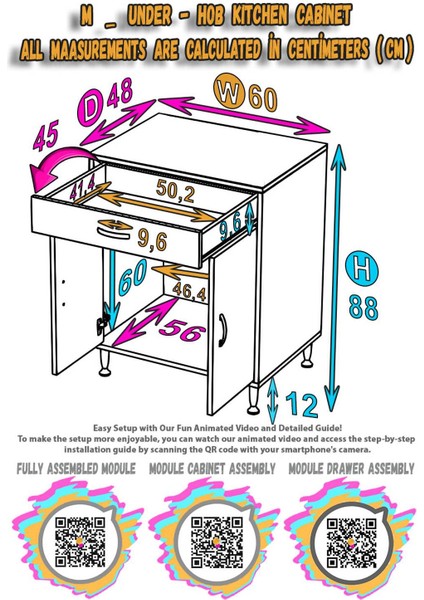 Asel (M) Set Ocak Altı Dolap Tek Çekmece 2 Kapaklı ve 1 Gözlü Tüp Bölmeli Beyaz Dolap 60X88X48 cm
