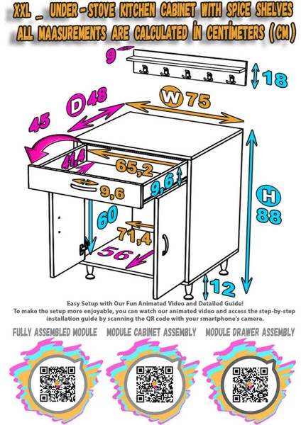 Asel (Xxl) Mutfak Dolabı Set Ocak Altı Dolap Tüp Bölmeli Baharat Raflı Beyaz 75X88X48 cm