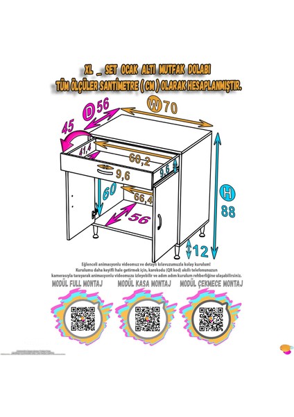 Asel (Xl) Set Ocak Altı Dolap Çekmeceli ve Kapaklı Mutfak Dolabı ve 1 Gözlü Tüp Bölmeli 65X88X56 cm fiyatları