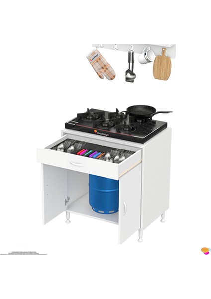 Asel (Xl) Set Ocak Altı Dolap Çekmeceli ve Kapaklı Mutfak Dolabı ve 1 Gözlü Tüp Bölmeli 65X88X56 cm