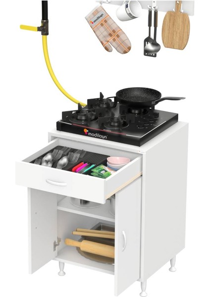 Milas (L) Set Ocak Altı Dolap Kapaklı Mutfak Dolabı 2 Göz Raf Bölme Beyaz Dolap 65X88X56 cm