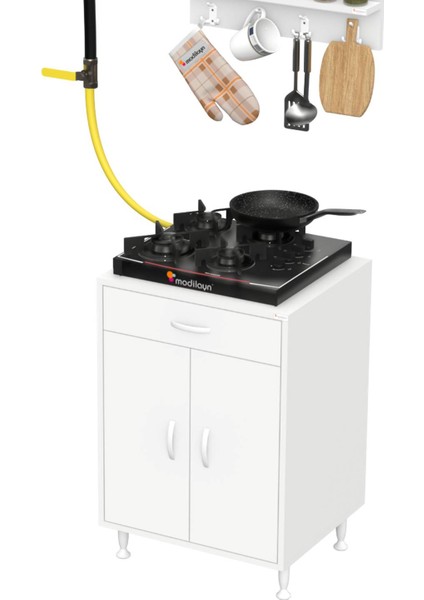 Milas (L) Set Ocak Altı Dolap Kapaklı Mutfak Dolabı 2 Göz Raf Bölme Beyaz Dolap 65X88X56 cm