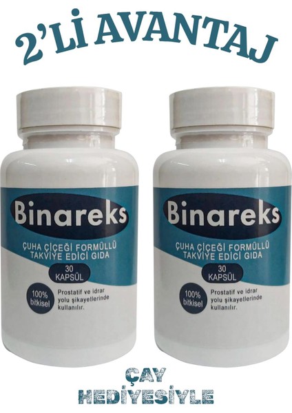 Binareks Çuha Çiçegi Formüllü Bitkisel Takviye Edici Gıda Caps 2 x 30 Adet (2 Aylık Kullanım) Çay Hediye