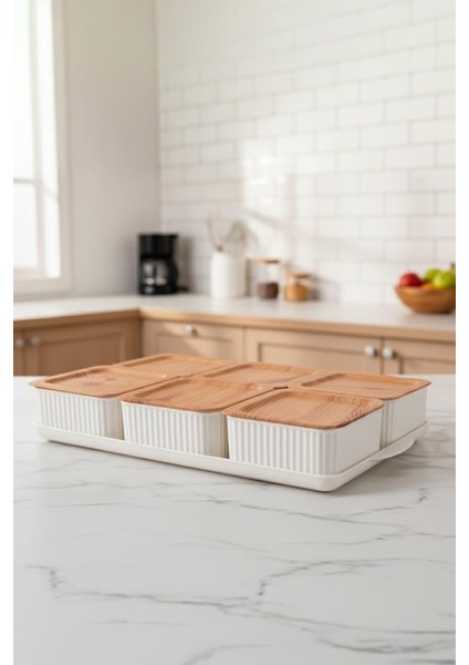 Valverdi - 6'lı 13 Parça Plastik Kahvaltılık Kahvaltı Seti Sunum Seti Bambu Görünüm