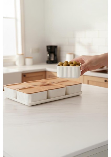 Valverdi - 6'lı 13 Parça Plastik Kahvaltılık Kahvaltı Seti Sunum Seti Bambu Görünüm modelleri