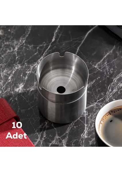 ETN-236 Large 10LU Paslanmaz Çelik Metal Kül Tablası - Kapaklı Rüzgar Geçirmez Küllük