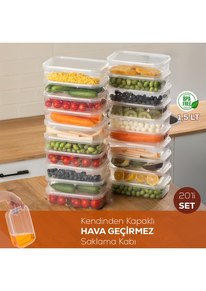 4363-20 Kendinden Kapaklı Derin Dondurucuya Uygun 20 Adet Saklama Kabı Hava Almaz Düzenleyici 1,5lt