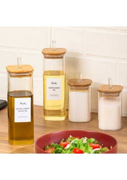 Cubes Borosilikat 4lü Pratik Mutfak Seti Bambu Kapak-Yağlık Sosluk Sirkelik Şekerlik