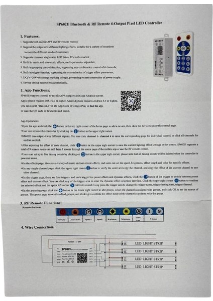 SP602E 4 Kanallı Pixel Argb LED Müzik Kontrol Cihazı Kumanda + Bluetooth App Kontrolü