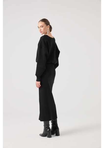 Soft Dokulu Uzun Jacey Triko Elbise Siyah indirimleri