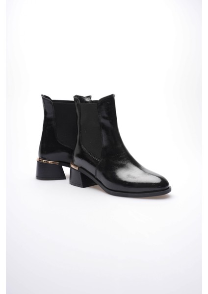 Kadın Rugan Bot Topuklu Lastikli Gold Detaylı Siyah Calina