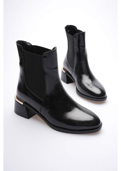 Kadın Rugan Bot Topuklu Lastikli Gold Detaylı Siyah Calina modelleri