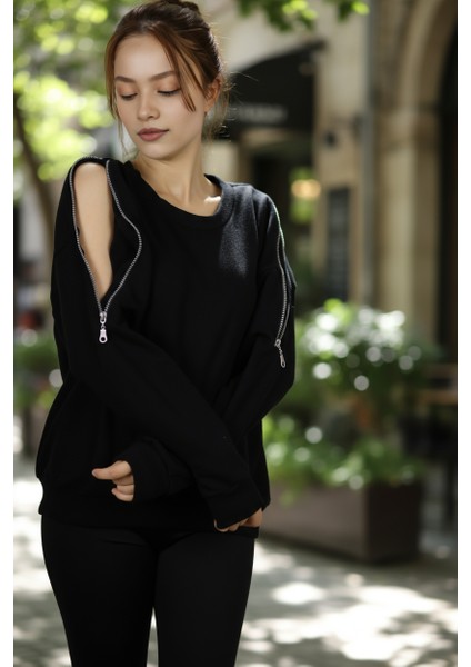 Kadın Omuzları Fermuar Detaylı Pamuklu Sweatshirt | Şık & Rahat Günlük Tarz fırsatları